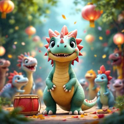 The primary subject of the image is a large, happy-looking green dinosaur with a red dragon tail, standing in a forest. The setting is a lush, green environment with trees and flowers surrounding the dinosaur. The visual style is a digital art or illustration, creating a vibrant and colorful scene. The dominant colors are green, red, and yellow, giving the image a cheerful and lively atmosphere.